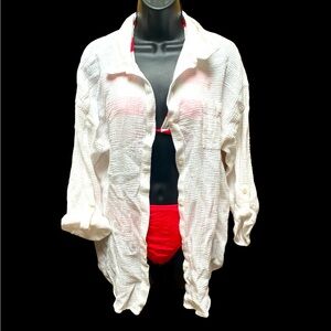 White cotton swim coverup long sleeve button up
